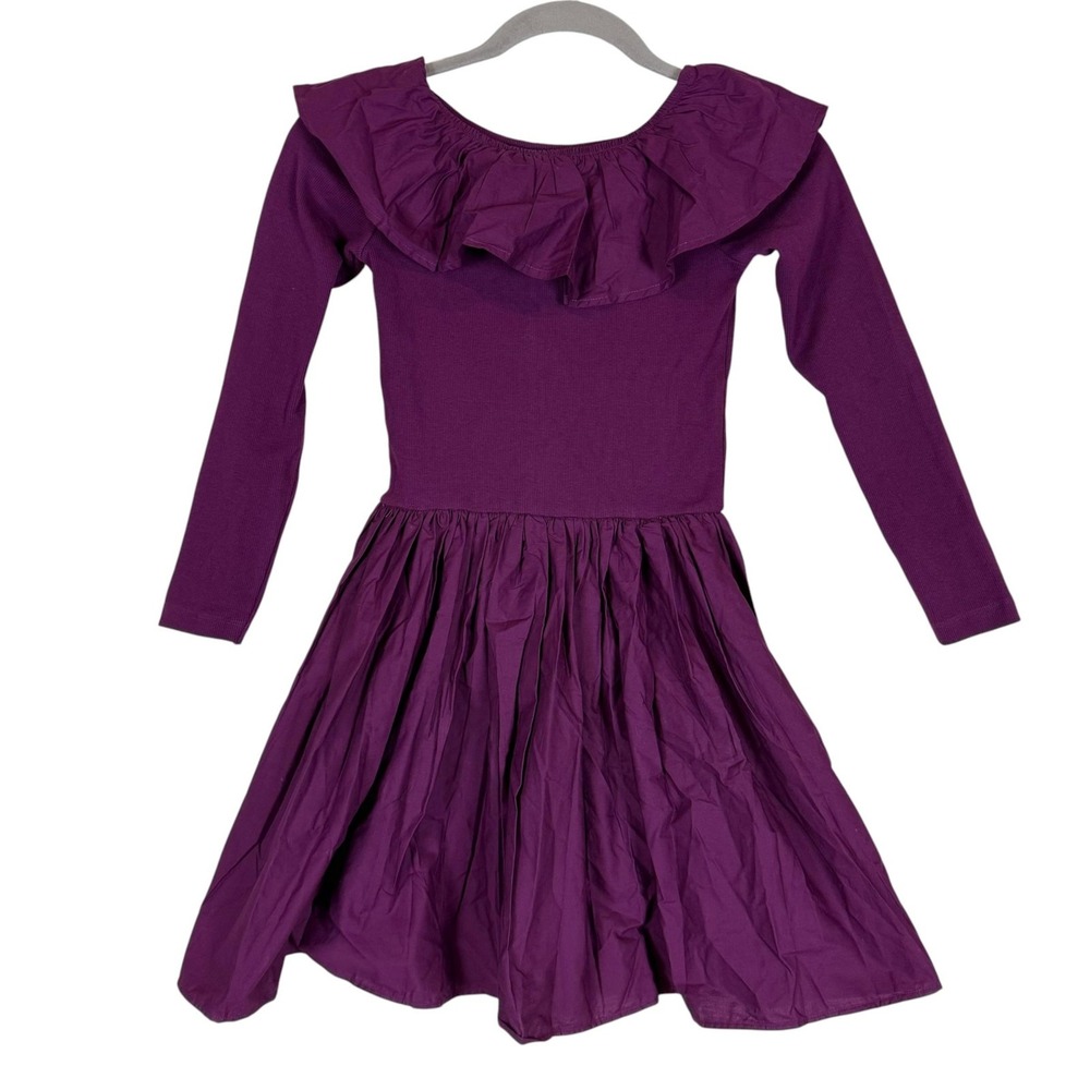 Molo Dress Girls 9-10 Purple Ruffle Skater Long Sleeve Organic Cotton Party